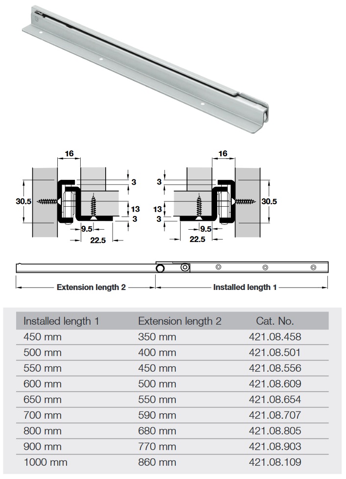 Drawer Roller Runners Single Extension Load Capacity 100 Kg